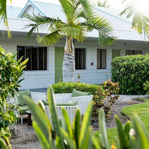 A serene outdoor setting with a white building surrounded by lush greenery, tropical plants, and outdoor seating, creating a peaceful atmosphere.