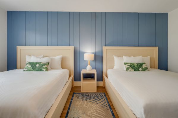 The image shows a tidy room with two beds, each with white linens and green leaf-patterned pillows, a blue accent wall, and a nightstand with a lamp.