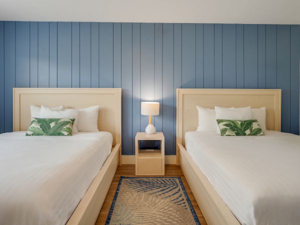 The image shows a tidy room with two beds, each with white linens and green leaf-patterned pillows, a blue accent wall, and a nightstand with a lamp.