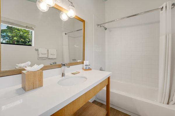 The image shows a clean, modern bathroom with a sink, wooden-framed mirror, tissue box, toiletries, bathtub with shower curtain, and window with towels.