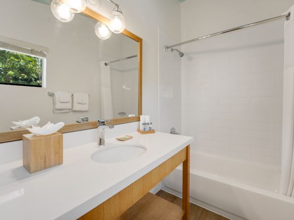 The image shows a clean, modern bathroom with a sink, wooden-framed mirror, tissue box, toiletries, bathtub with shower curtain, and window with towels.