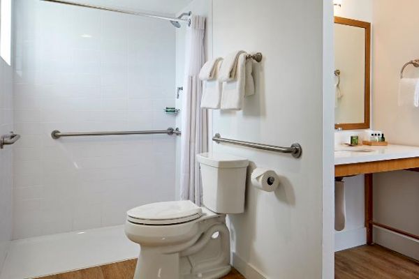 The image shows a bathroom with a shower area, toilet, safety rails, wall-mounted towels, and a sink area with a mirror and countertop.