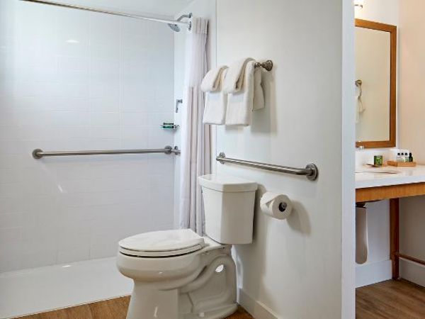 The image shows a bathroom with a shower area, toilet, safety rails, wall-mounted towels, and a sink area with a mirror and countertop.