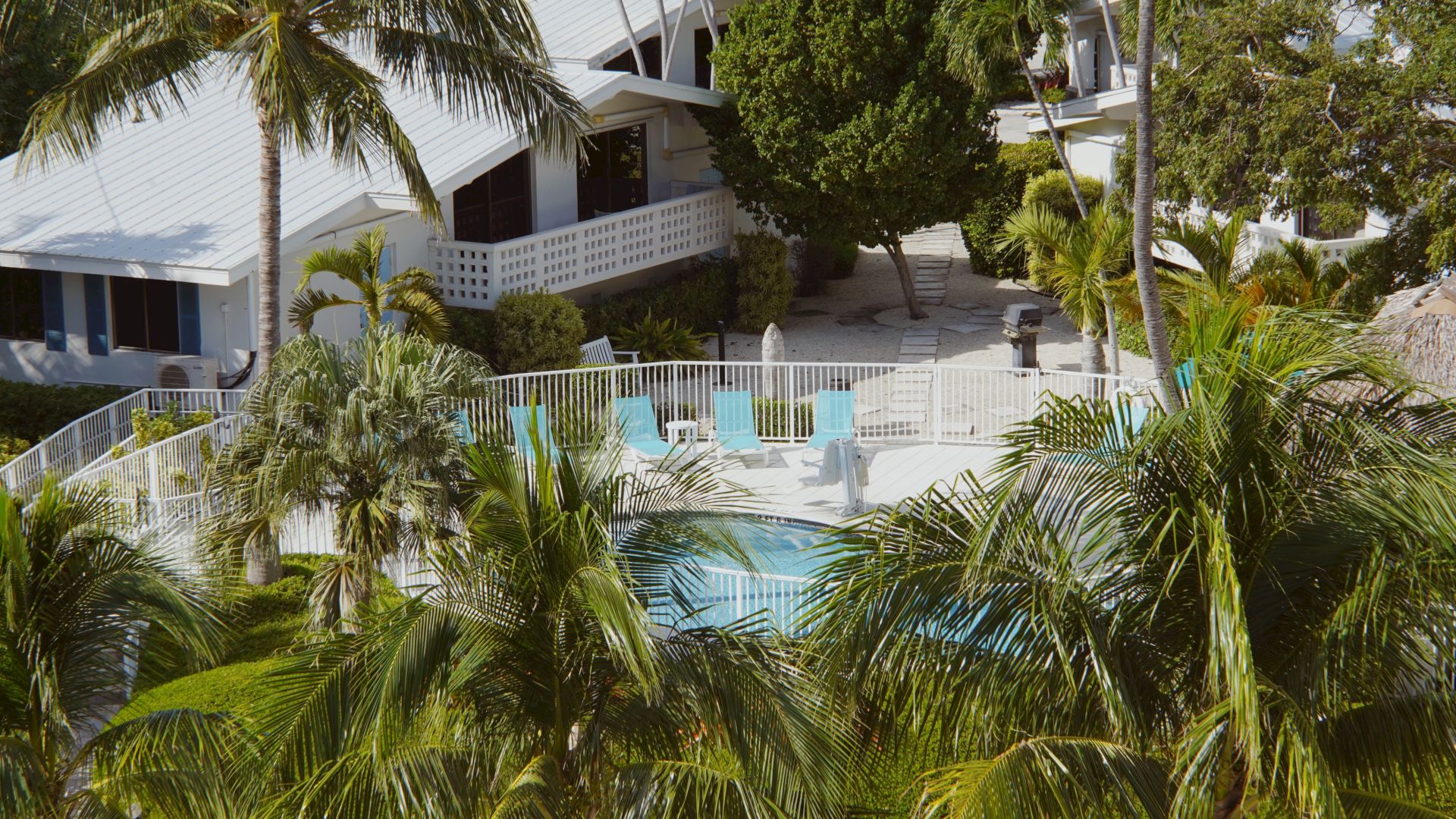 Aerial view of tropical houses with palm trees, featuring a small fenced pool area surrounded by lush greenery in the center of the image.
