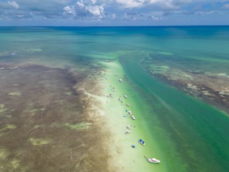 An aerial view of a coastal area with clear turquoise water shows several boats anchored in a sandbar, with the shoreline and horizon in the background.