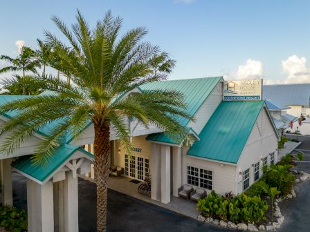 A small coastal building with teal metal roofs, a tall palm tree, and sunny blue skies, giving a tropical, seaside resort vibe.