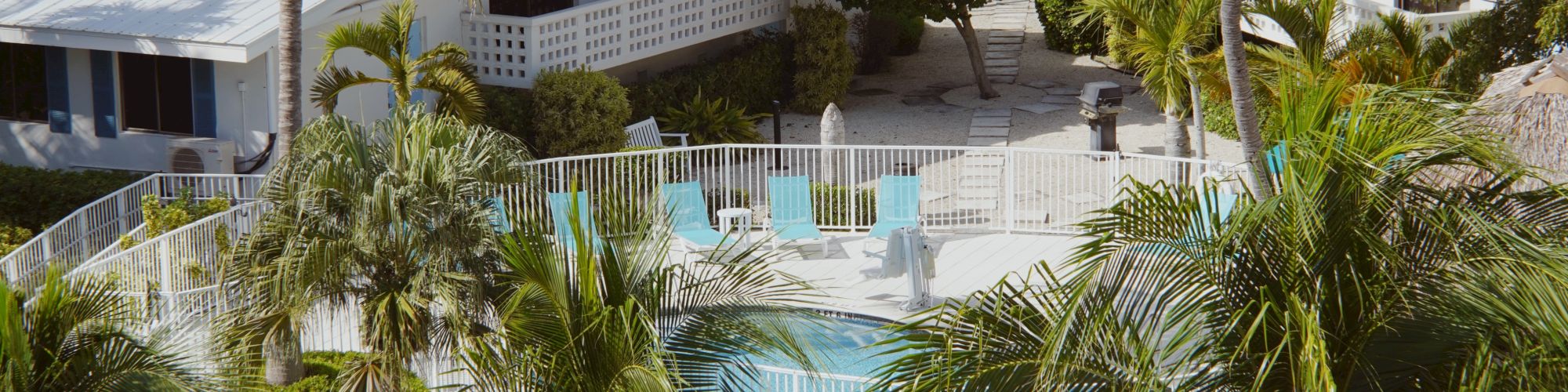 A tropical resort featuring white-roofed buildings, palm trees, and a fenced swimming pool surrounded by greenery and sun loungers.