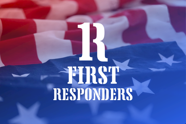 The image shows a stylized U.S. flag background with the text "1R First Responders" overlaying it.