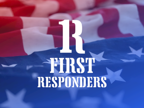 The image shows a stylized U.S. flag background with the text "1R First Responders" overlaying it.