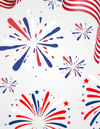 The image shows red, white, and blue fireworks with an American flag, symbolizing celebration or a national holiday.
