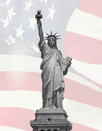 The image shows the Statue of Liberty against a background of the American flag.