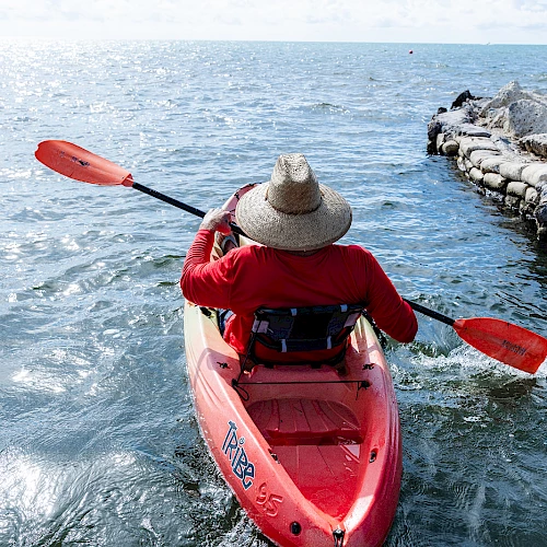 A person wearing a hat paddles a red kayak toward the open sea with calm blue water and a rocky jetty in the distance.