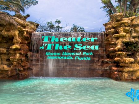 Waterfall entrance at Theater of The Sea, Marine Mammal Park, in Islamorada, Florida; turquoise pool, rocky sides, teal sign.
