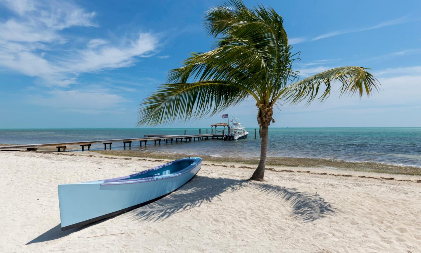 A sunny beach scene with a palm tree, a small blue boat on white sand, and a wooden pier extending into calm blue water.