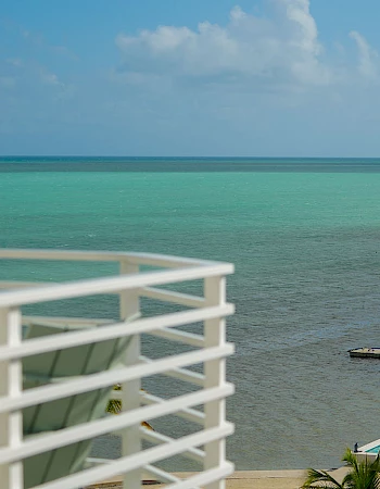 A sunny coastal view with turquoise water, a wooden pier, palm trees, and a beachfront balcony&mdash;paradise by the sea.