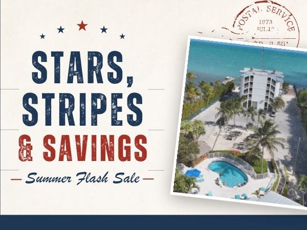 A cruise promo image reading &ldquo;Stars, Stripes & Savings &ndash; Summer Flash Sale,&rdquo; with a beach resort photo and patriotic stars.