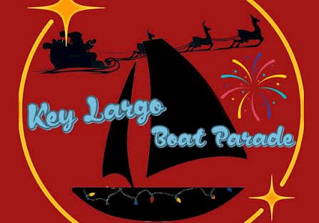 A pirate-themed logo for the Key Largo Boat Parade, showing a sailboat silhouette, other boats, fireworks, and a red background.