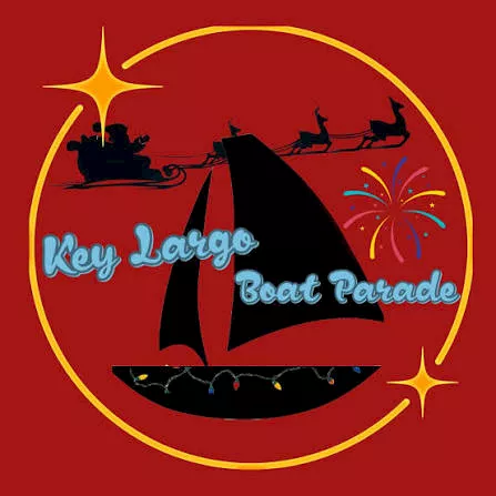 A pirate-themed logo for the Key Largo Boat Parade, showing a sailboat silhouette, other boats, fireworks, and a red background.